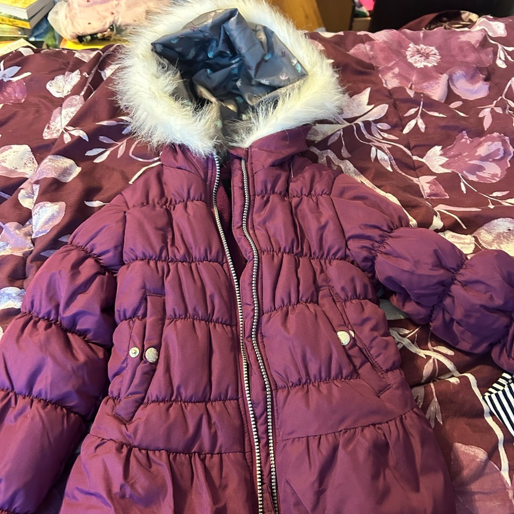 Little Girl’s Winter Coat Purple with Fleece Lining in the Hood